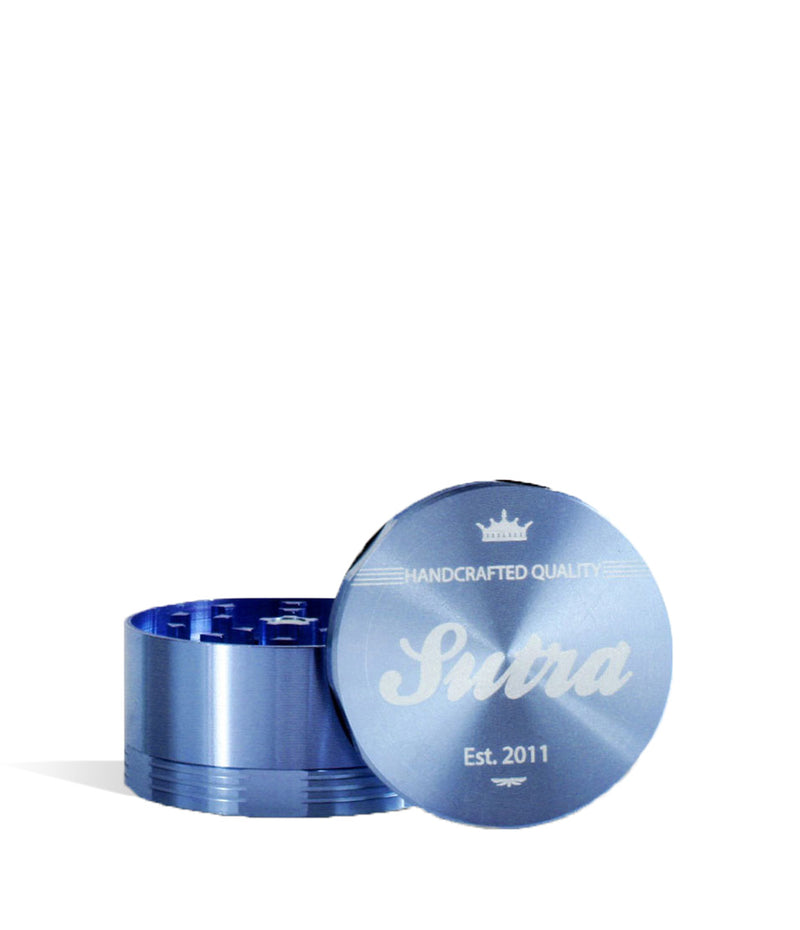 Blue front view Sutra Vape Aluminum 4 Piece 65mm Grinder on white background