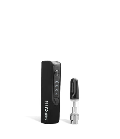 Black Sutra Vape STIK 650 Cartridge Vaporizer Side View with Empty Cartridge on White Background