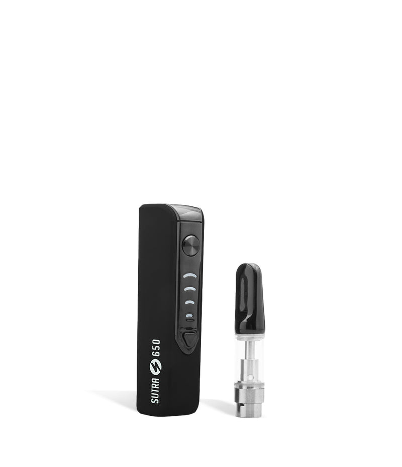 Black Sutra Vape STIK 650 Cartridge Vaporizer Side View with Empty Cartridge on White Background