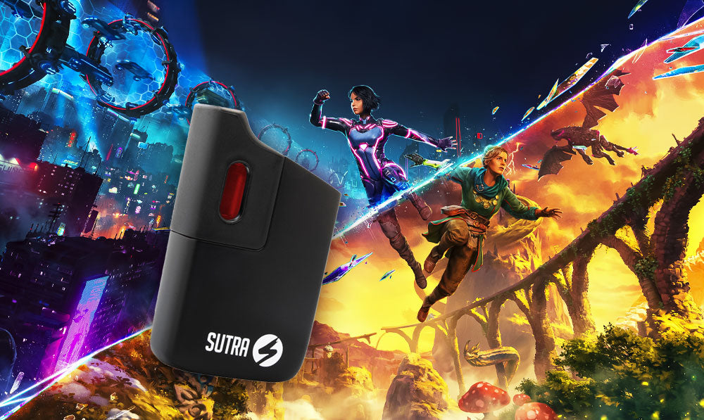 Sutra Mini vaporizer against a game themed backdrop
