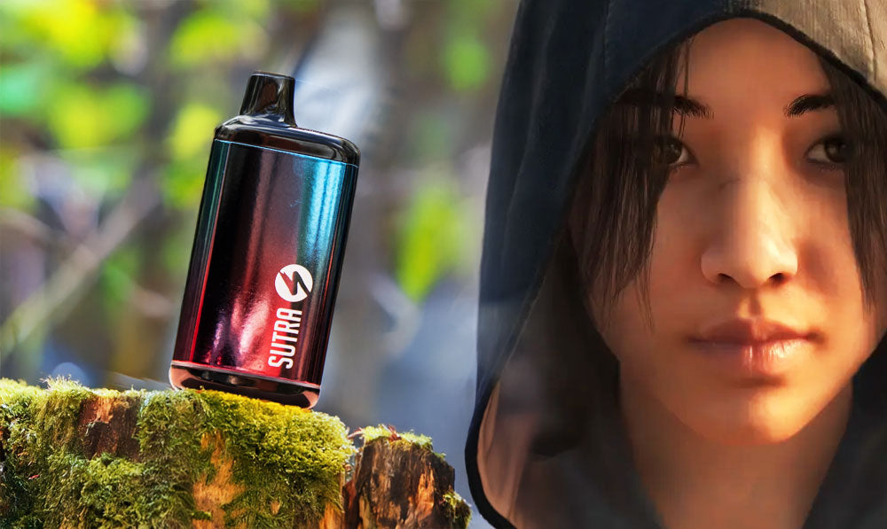 Sutra Silo Pro vaporizer standing on a mossy log with a game themed backdrop
