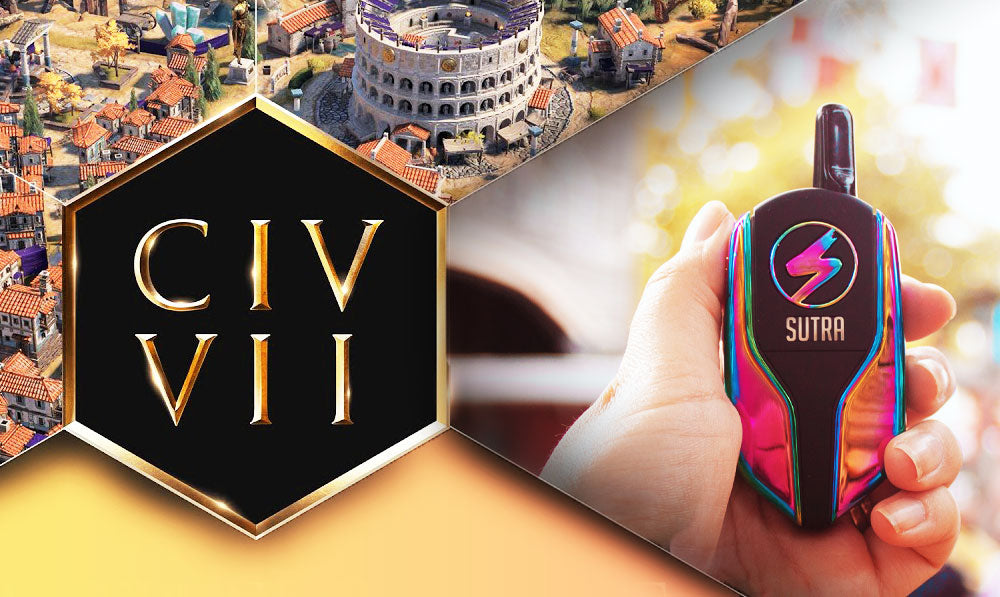 Hands holding a Sutra Squeeze vaporizer against a Civilization VII backdrop