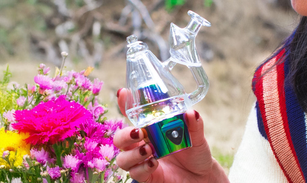 Woman holding Sutra DBR Pro with vibrant flowers nearby