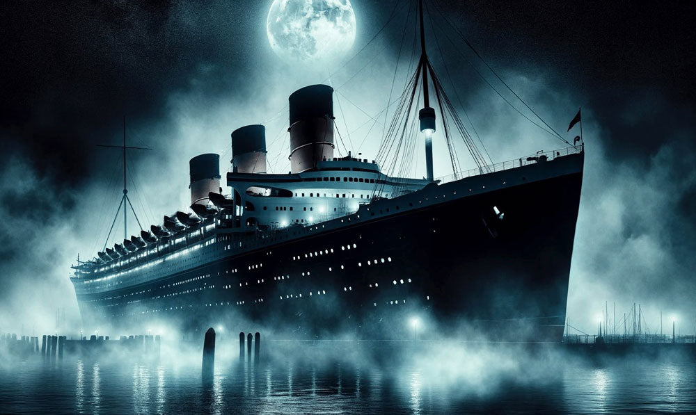 The Queen Mary in dark harbor with spooky night lighting