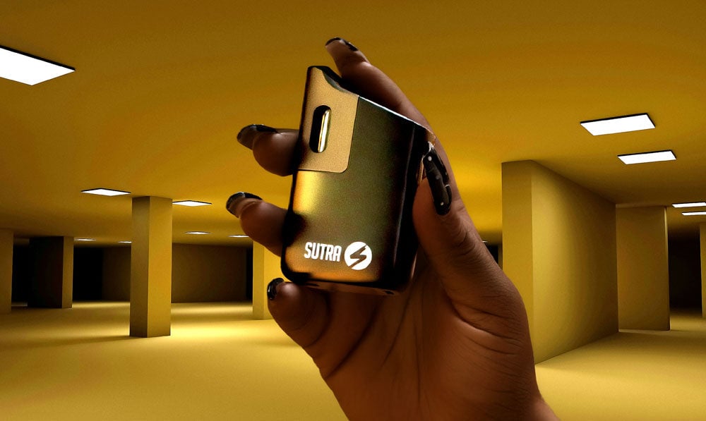 Backrooms style atmosphere with female hand holding Sutra Vape Mini product